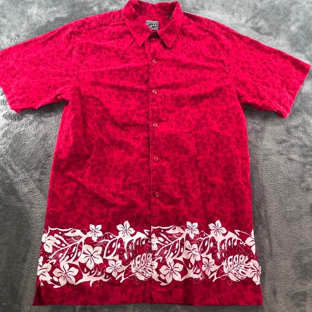 Piping Hot Mens XL Red Floral Hibiscus Tropical Surf Button Down Shirt Cotton